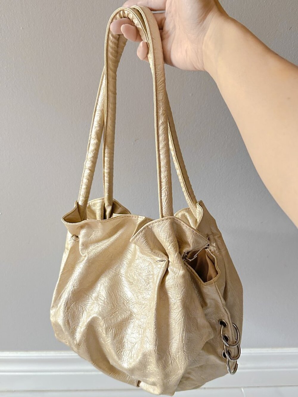 Y2K Champagne Faux Crinkle Leather Hobo Bucket Bag, Slouchy Shoulder Purse